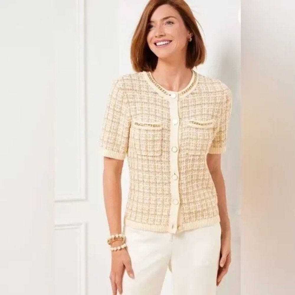 LAST CHANCE! Talbots Ivory Gold Metallic Jacquard Short Sleeve Chain
Trim Knit